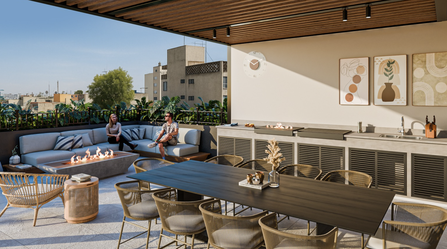 Render de la terraza y amenidades de Aura Revolución
